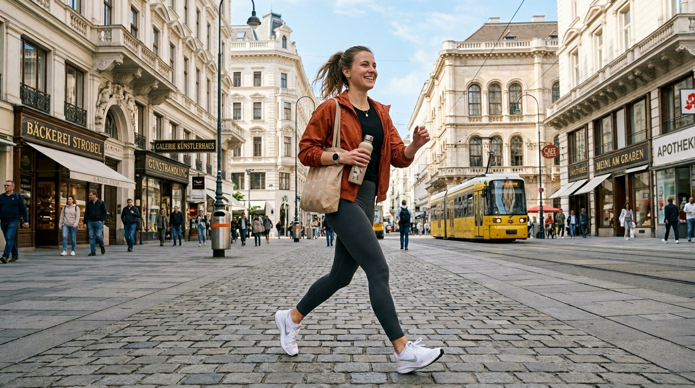 Energiegeladene Frau beim Spaziergang in Wien
