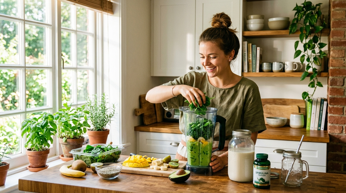Person bereitet grünen Smoothie in einer sonnigen Küche vor