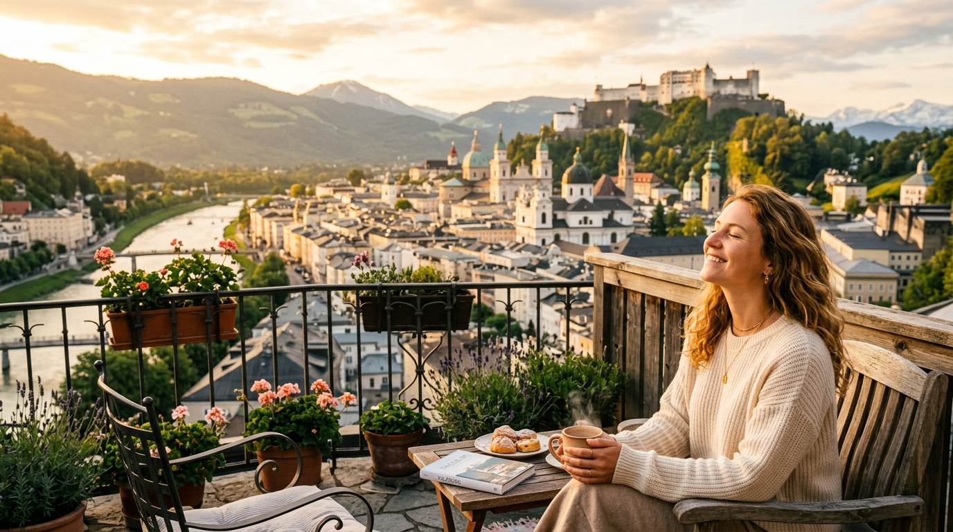 Frau genießt Morgensonne auf einer Terrasse mit Blick über Wien